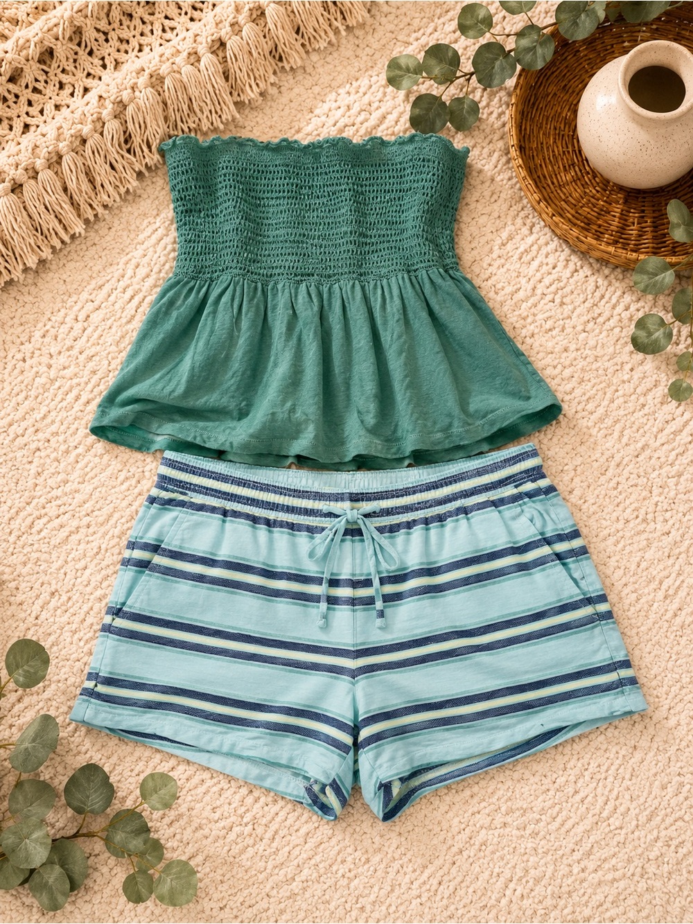 American Eagle Outfitters Green Smocked Tube Top with Light Blue Striped Shorts